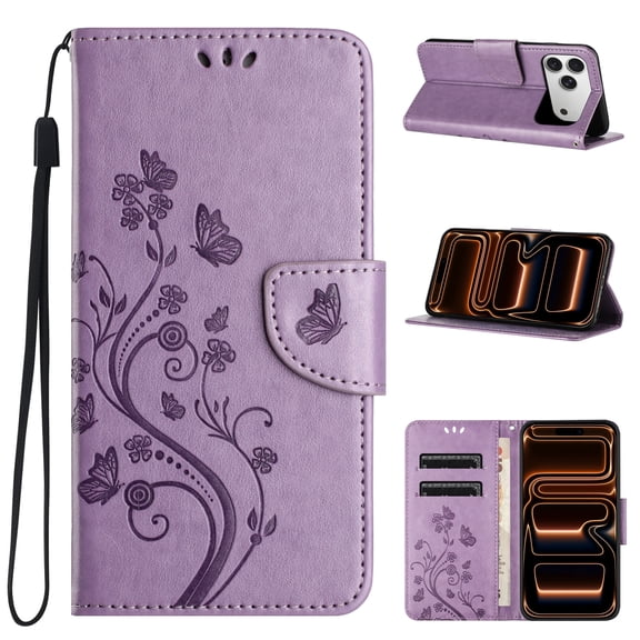TECH CIRCLE For iPhone 17 Pro Max Flip Wallet Phone Case with Wrist Strap, Includes 2 Card Slots and 1 Cash Pocket, Stylish Embossed Butterfly/Flower PU Leather Protective Slim Case, Lightpurple