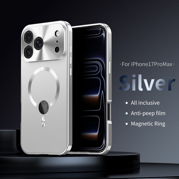 TECH CIRCLE for iPhone 17 Pro Max Hard PC Case Magnetic Metal Edge Full Body Drop Protection,Compatible with MagSafe,Rugged Built-in Privacy Screen Protector Logo View Shockproof Cover,Silver