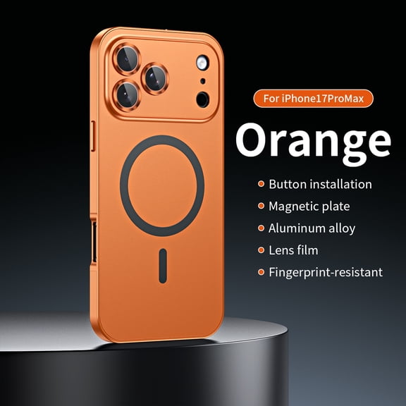 TECH CIRCLE for iPhone 17 Pro Max Mag Safe Metal Case with Alloy Lens Flim Protector Luxury Slim Anti-Scratch Shockproof Magnetic Wireless Charging Cover,Orange
