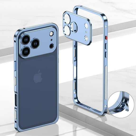 TECH CIRCLE for iPhone 17 Pro Max Metal Bumper Protection Case, Aviation Aluminum Alloy Frame Shockproof, No Back Cover Design Heat Dissipation with Camera Lens Protector,Blue