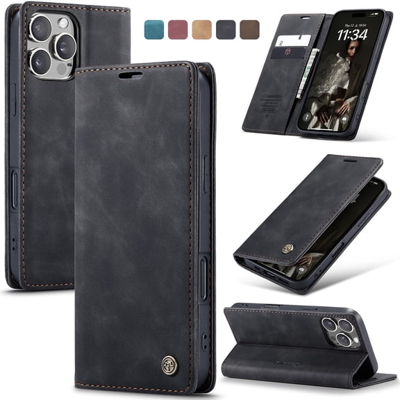 TECH CIRCLE for iPhone 17 Pro Max Vintage PU Leather Wallet Case Book Folding Flip Folio Case with Magnetic Kickstand Card Slots Protective Cover Shockproof,Black