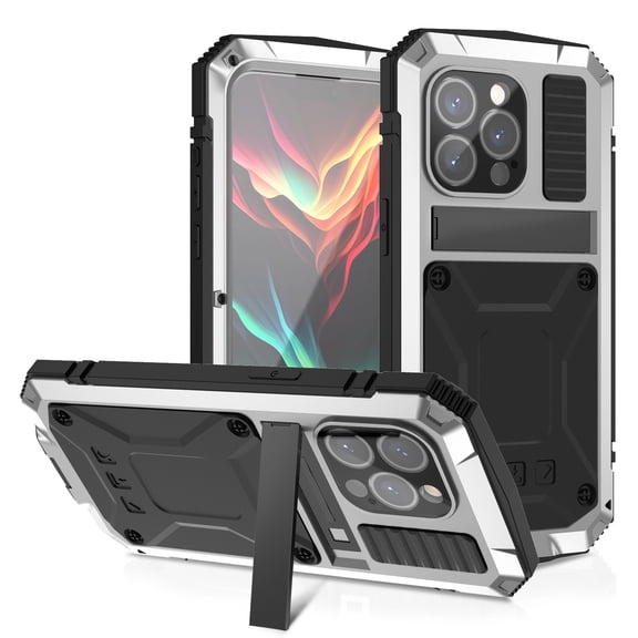 TECH CIRCLE for iPhone 17 Pro Metal Rugged TPU Case with Kickstand Built-in Screen Protector Camera Cover Sturdy Military Armor Durable Full Body Heavy Duty Shockproof  Waterproof,Silver