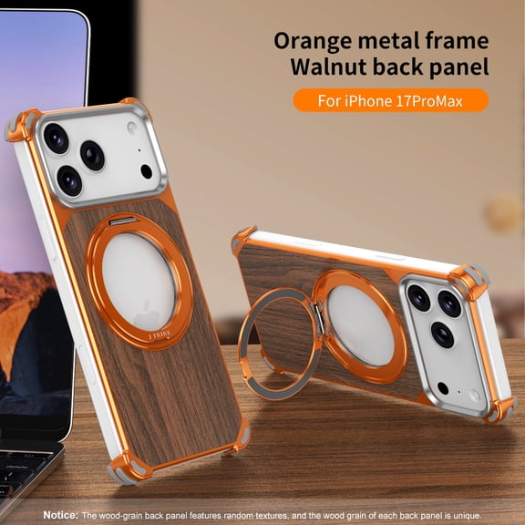TECH CIRCLE For iPhone 17 Pro Natural Wood + Metal Frameless Case with Kickstand, Shock-Absorbent,  Compatible with MagSafe 4-Corner Shock with 360° Rotating Stand,Orange