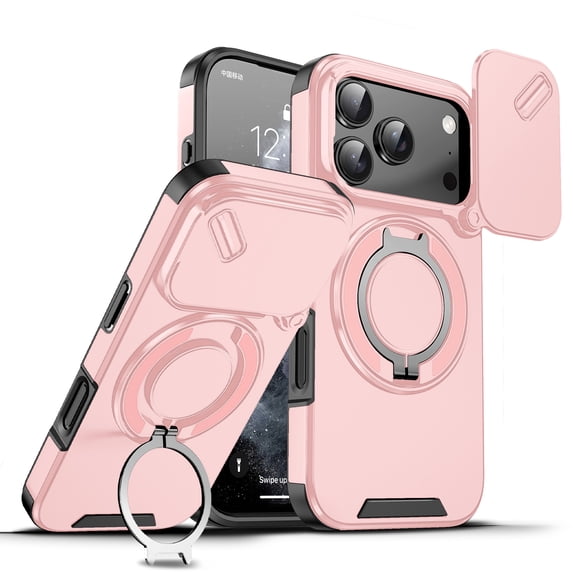 TECH CIRCLE for iPhone 17 Pro PC+TPU Hybrid Case Cover, with 360° Rotating Ring Bracket/Magnetic Car Bracket/Matte Shockproof Protective, Compatible with MagSafe Slide Camera Lens Cover,Pink