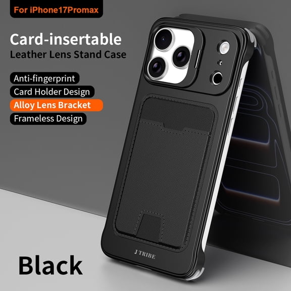 TECH CIRCLE For iPhone 17 Pro PU Leather Card Pocket Case with Camera Lens Kickstand, RFID Blocking Card Slot, Slim Shockproof Rugged Metal Frameless Protective Cover,Black