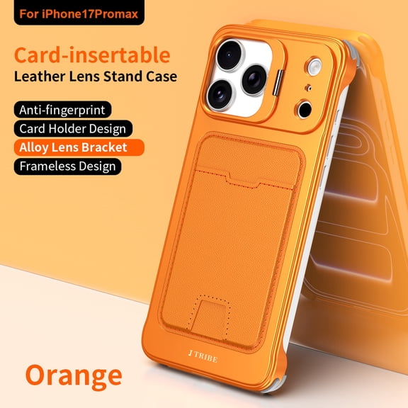 TECH CIRCLE For iPhone 17 Pro PU Leather Card Pocket Case with Camera Lens Kickstand, RFID Blocking Card Slot, Slim Shockproof Rugged Metal Frameless Protective Cover,Orange