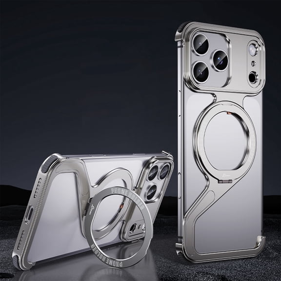 TECH CIRCLE for iPhone 17 Pro Rugged Case Creative Skeleton Z-Shaped Anti-Fall Heat Dissipation Metal Frameless Shockproof Lightweight Non-Slip Protection & 360° Rotating Magnetic Stand,Gray