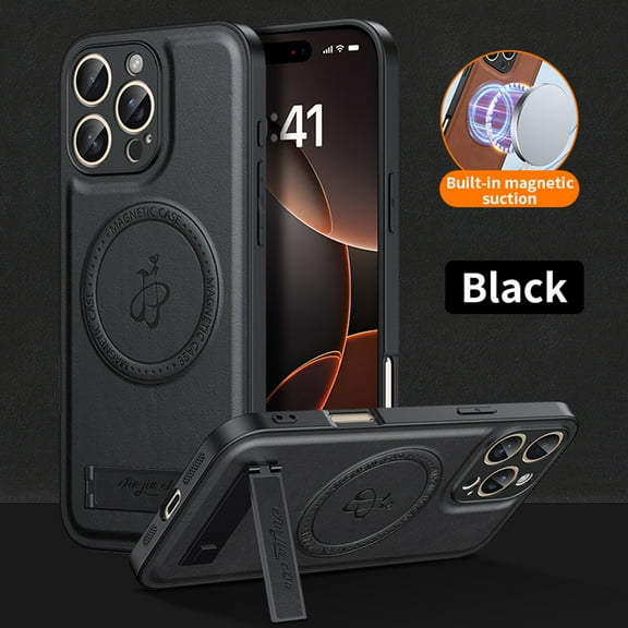 TECH CIRCLE for iPhone 17 Pro Strong Magnetic PC+TPU Case, Detachable Folding Metal Stand Luxury Ultrathin Genuine Leather Cover Slim Lens Protection Shockproof,Black