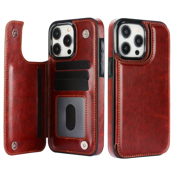 TECH CIRCLE for iPhone 17 Pro Wallet Case with 4 Card Slots, Built-in Snaps Buttons Closure, Stand for Hands-Free Viewing, PU Leather Lightweight Shock-absorbent Protective Cover, Brown
