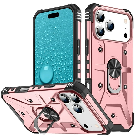 TECH CIRCLE for iPhone 17 Rugged Shockproof Phone Case with Rotating Ring Holder Kickstand, Compatible with Magnetic Car Mount, Slim Fit Lightweight Protective Hard Shell Cove, Rosegold