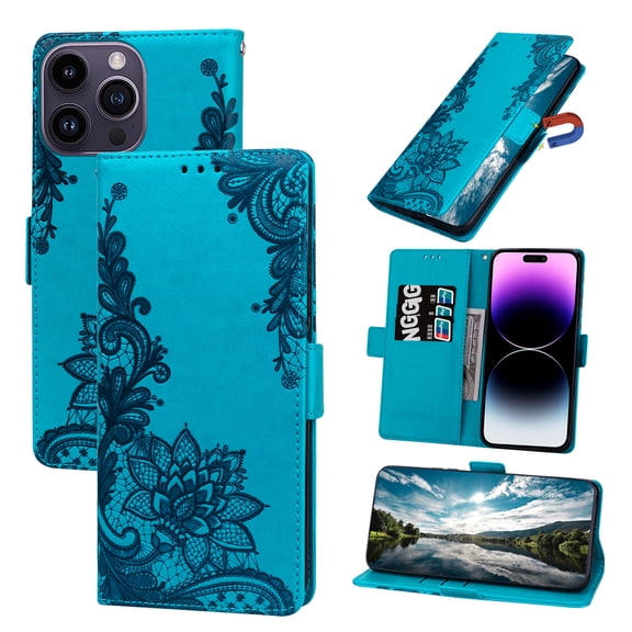 TECH CIRCLE For iPhone 7 / 8 / SE Wallet Case,PU Leather Protective Phone Case Wrist Strap Card Slots Holder Embossed Lace Flower Stand Flip Case for Apple iPhone 7 8 SE 2022 4.7",Green