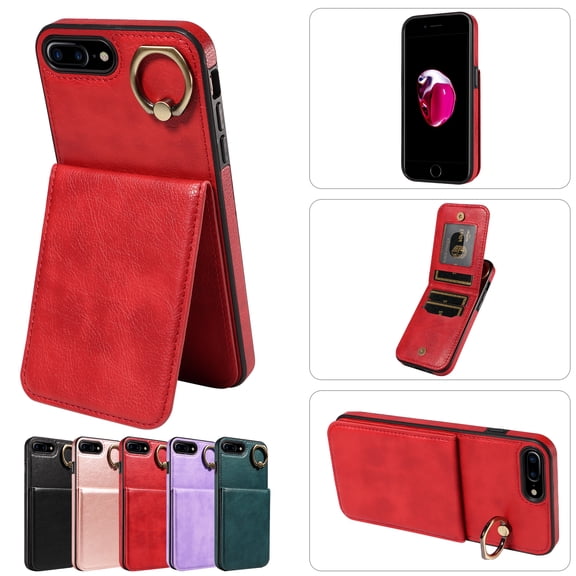 TECH CIRCLE For iPhone 8 Plus/7+ Wallet Case with Card Holder, Thin Slim PU Leather Finger Ring Kickstand Shockproof Protective Magnetic Women Men Phone Cover for Apple iPhone 8 Plus/7 Plus 5.5",Red