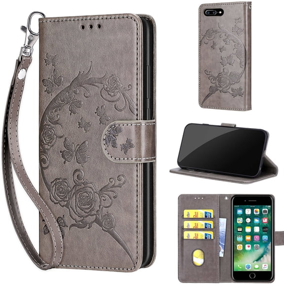 TECH CIRCLE For iPhone 8 Plus/iPhone 7+ Wallet Case,Folio Flip Kickstand Shockproof Protective PU Leather Cover with Card Slot Cash Pocket Carrying Wrist Strap for Apple iPhone 8 Plus/iPhone 7+,Grey