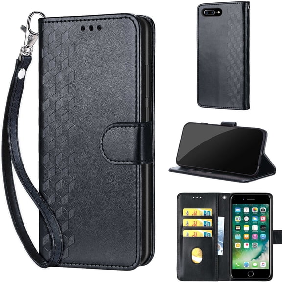 TECH CIRCLE For iPhone 8 Plus/iPhone 7+ Wallet Case,Folio Flip Kickstand Shockproof Protective PU Leather Cover with Card Slot Cash Pocket Carrying Wrist Strap for Apple iPhone 8 Plus/iPhone 7+,Black
