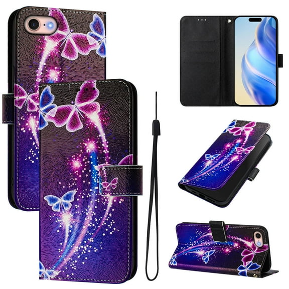 TECH CIRCLE for iPhone SE (3rd/2nd Generation) / iPhone 8/7 Case (4.7"), Cute Cartoon Flip Wallet Case with Lanyard, Built-in Card Slots & Stand Function, Portable Lightweight Cover, Purple Butterfly