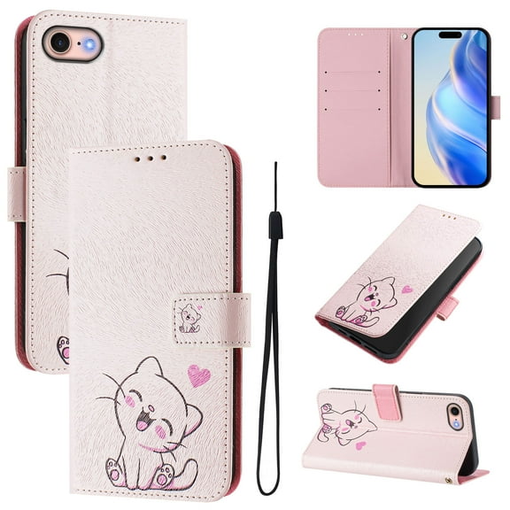 TECH CIRCLE for iPhone SE (3rd/2nd Generation) / iPhone 8/7 Case (4.7"), Cute Cartoon Flip Wallet Phone Case with Lanyard, Built-in Card Slots & Stand Function, Portable Lightweight Cover, Pink Cat