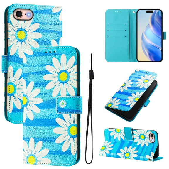 TECH CIRCLE for iPhone SE (3rd/2nd Generation) / iPhone 8/7 Case (4.7-Inch), Cute Cartoon Flip Wallet Case with Lanyard, Built-in Card Slots & Stand Function, Portable Lightweight Cover, Blue Daisy