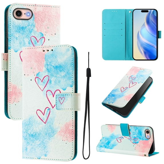 TECH CIRCLE for iPhone SE (3rd/2nd Generation) / iPhone 8/7 Case (4.7-Inch), Cute Cartoon Flip Wallet Case with Lanyard, Built-in Card Slots & Stand Function, Portable Lightweight Cover, Red Hearts