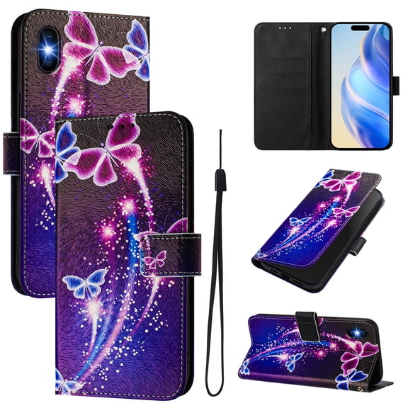 TECH CIRCLE for iPhone XR Case 6.1-Inch (2018 Release), Cute Cartoon Flip Wallet Phone Case with Lanyard, Built-in Card Slots & Stand Function, Portable Lightweight Slim Cover, Purple Butterfly