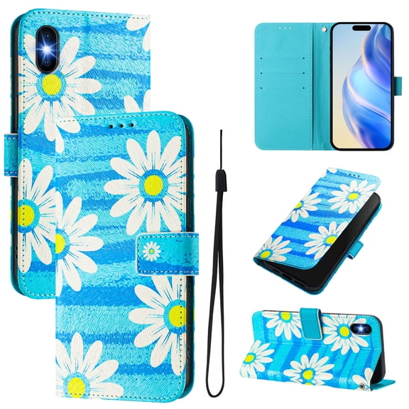 TECH CIRCLE for iPhone XS Max Case 6.5-Inch (2018 Release), Cute Cartoon Flip Wallet Phone Case with Lanyard, Built-in Card Slots & Stand Function, Portable Lightweight Slim Folio Cover, Blue Daisy