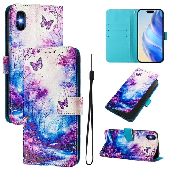TECH CIRCLE for iPhone XS/X Case 5.8-Inch (2018 Release), Cute Cartoon Flip Wallet Phone Case with Lanyard, Built-in Card Slots & Stand Function, Portable Lightweight Slim Cover, Butterfly Forest