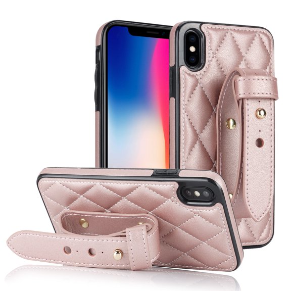 TECH CIRCLE For iPhone XS/X Case with Wrist Band, Luxury PU Leather Kickstand Full-Body Shockproof Protective Bumper Women Girl Back Cover for Apple iPhone XS/X 5.8",Rosegold