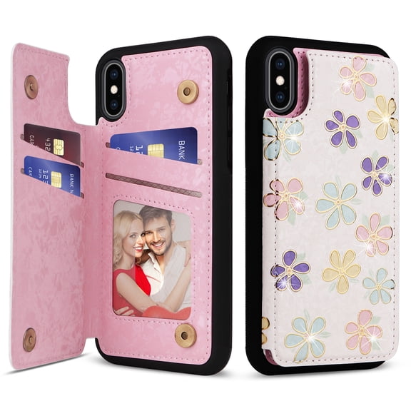 TECH CIRCLE For iPhone XS/X Wallet Case with Card Holder,PU Leather Kickstand Flower Case Magnetic Clasp Kickstand Shockproof Protective Cover for Apple iPhone XS/X 5.8",Color Flower