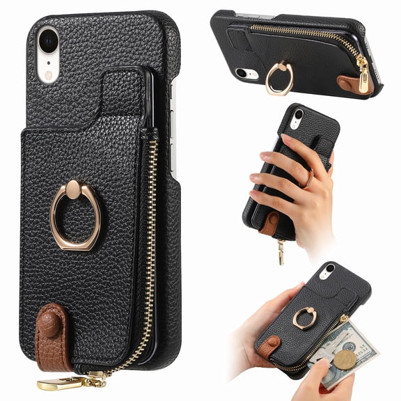 TECH CIRCLE For iPhone XS/iPhone X Case with Card Holder,Slim Stand PU Leather Zipper Wallet Case with Rotation Ring Holder Shockproof Protective Case for Apple iPhone XS/iPhone X 5.8",Black