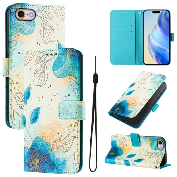 TECH CIRCLE for iPhone iPhone 8/7 Plus Case (5.5-Inch), Cute Cartoon Flip Wallet Phone Case with Lanyard, Built-in Card Slots & Stand Function, Portable Lightweight Slim PU Leather Cover, Blue Flower