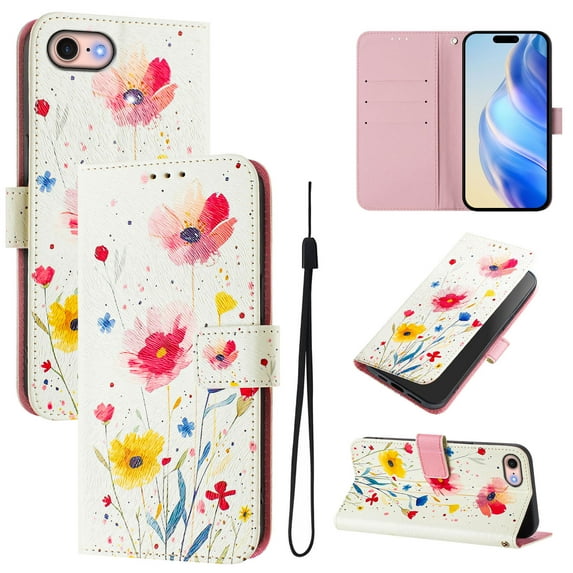 TECH CIRCLE for iPhone iPhone 8/7 Plus Case (5.5-Inch), Cute Cartoon Flip Wallet Phone Case with Lanyard, Built-in Card Slots & Stand Function, Portable Lightweight Slim PU Leather Cover, Flowers