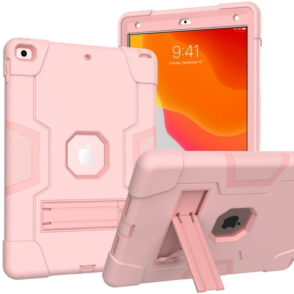 TECH CIRCLR iPad 9th 8th 7th Generation Case 10.2 inch, Three Layer Shockproof Proof Kickstand Case Heavy Duty High Impact Resistant Hybrid Rugged Defender Full Body Protection Kids Case, Rosegold