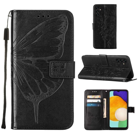 TECH CIRCLSamsung Galaxy A54 5G Wallet Case, Embossed Butterfly PU Leather Credit Card Holder Slots Full Body Protection Kickstand Flip Folio Shockproof TPU Phone Cover,Black