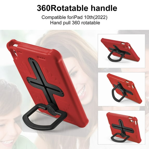 TECH CIRLE iPad (10th Generation) Case 10.9" 2022 Release - Shockproof Rugged Plastic Sturdy Kickstand Case with Hnadle / Adjustable Shoulder Strap, Red+Black