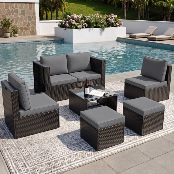 TECHMILLY 6-Piece Space-Saving Patio Furniture Set, All Weather Black Wicker Rattan Sectional Sofa with 2 Ottomans, Outdoor Conversation Set for Garden, Backyard, Gray Cushions