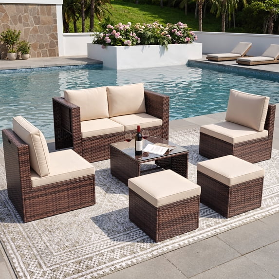 TECHMILLY 6-Piece Space-Saving Patio Furniture Set, All Weather Brown Wicker Rattan Sectional Sofa with 2 Ottomans, Outdoor Conversation Set for Garden, Backyard, Khaki Cushions