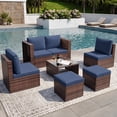 thumbnail image 1 of TECHMILLY 6-Piece Space-Saving Patio Furniture Set, All Weather Brown Wicker Rattan Sectional Sofa with 2 Ottomans, Outdoor Conversation Set for Garden, Backyard, Navy Blue Cushions, 1 of 9