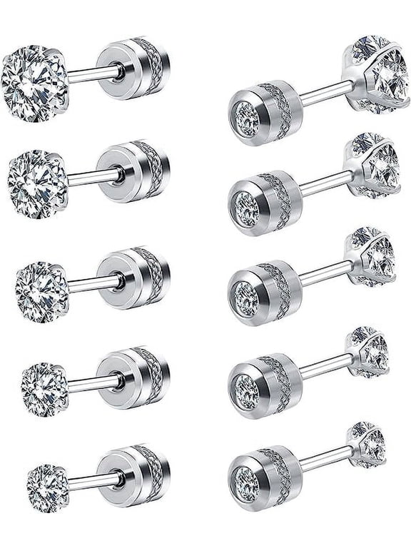 Screw Back Stud Earrings, Titanium Cartilage Earrings with Round Cubic Zirconia, 5 Pairs