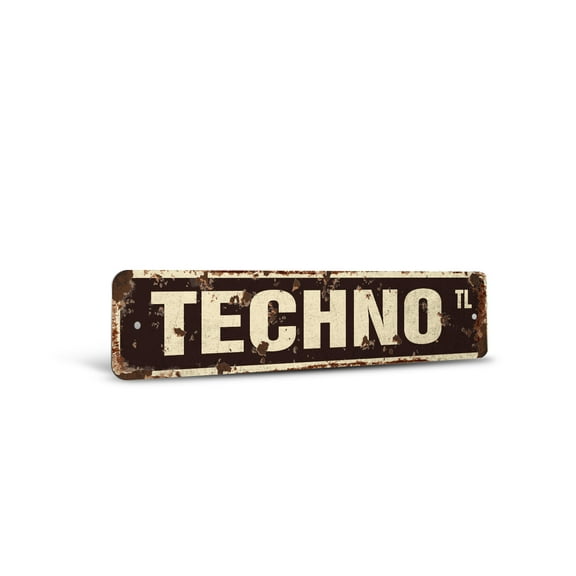 TECHNO Vintage Style Rustic Street Sign – Music Electronic Dance Rave Futuristic Retro Decorative Wall Sign for Home, Bar, Garage, or Outdoor Use | 4" X 18" Plastic Road Sign