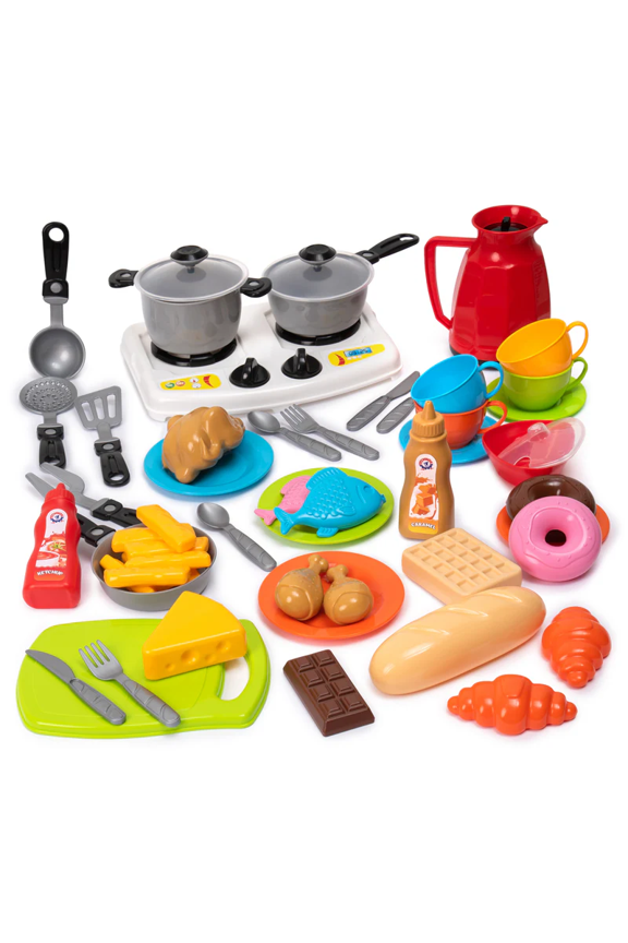 66PCS Pretend Play Kitchen Toys Cookware with Play Food Toy Set - Pretend Play Toy Kitchen Set - Cooking Stove and Accessories, Tableware Dish Set (4 Persons)