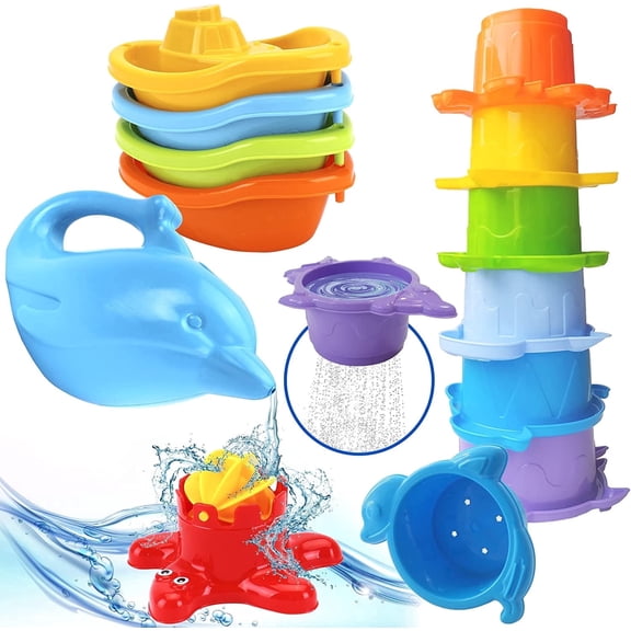 Baby Bath Toys for Toddlers - 12 pcs Rainbow Stacking Cups Baby Toy with Bath Boats Train and Toddler Watering Can - Stackable Plastic Bath Toys - Sea Animal Shapes Bath Toy for Girls and Boys