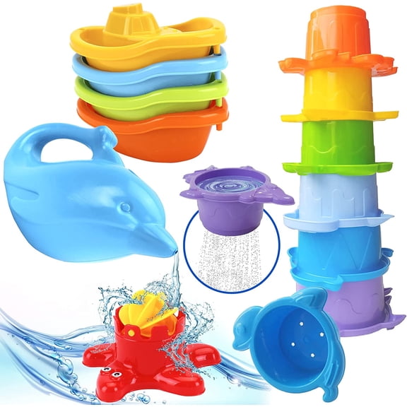 Baby Bath Toys for Toddlers - 12 pcs Rainbow Stacking Cups Baby Toy with Bath Boats Train and Toddler Watering Can - Stackable Plastic Bath Toys - Sea Animal Shapes Bath Toy for Girls and Boys