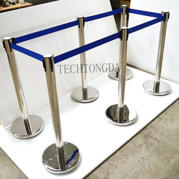 TECHTONGDA 6 Stanchion Posts Queue Pole Retractable Belt Crowd Control Stainless Steel Blue