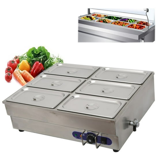 TECHTONGDA Commercial Food Warmer Stainless Steel Bain Marie Buffet Countertop 6-Pot Electric Steam Table 4"Deep