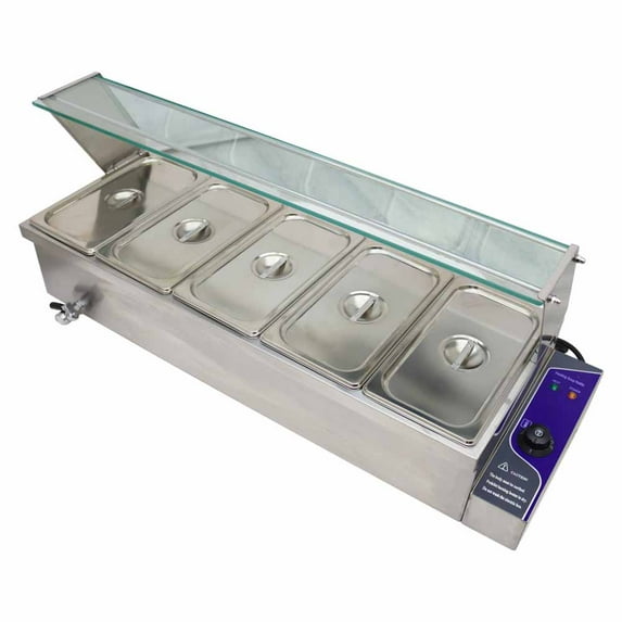 TECHTONGDA Electric Commercial Bain-marie Buffet Food Warmer Steam Table with Glass Guard 5-Pan 6" Deep Pan