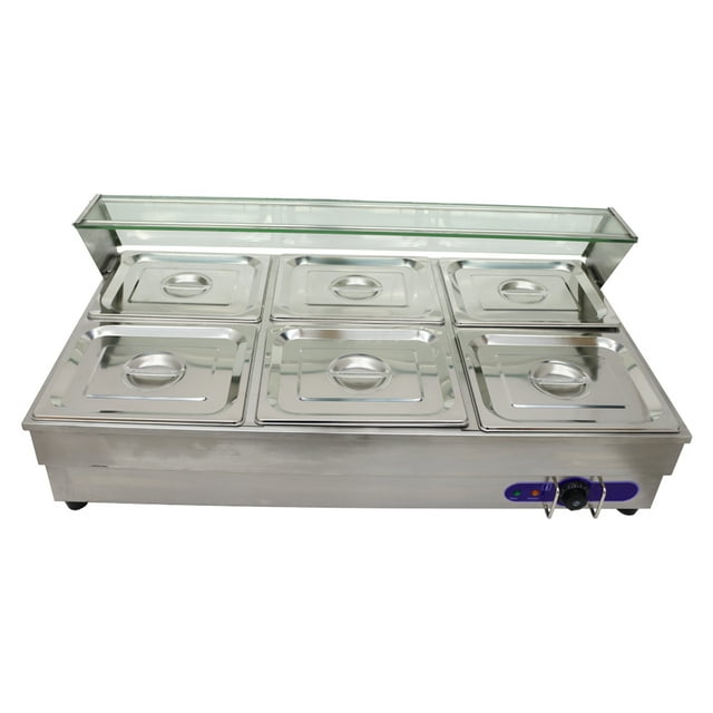 TECHTONGDA Electric Commercial Bain-marie Buffet Food Warmer Steam Table with Glass Guard 6-Pan