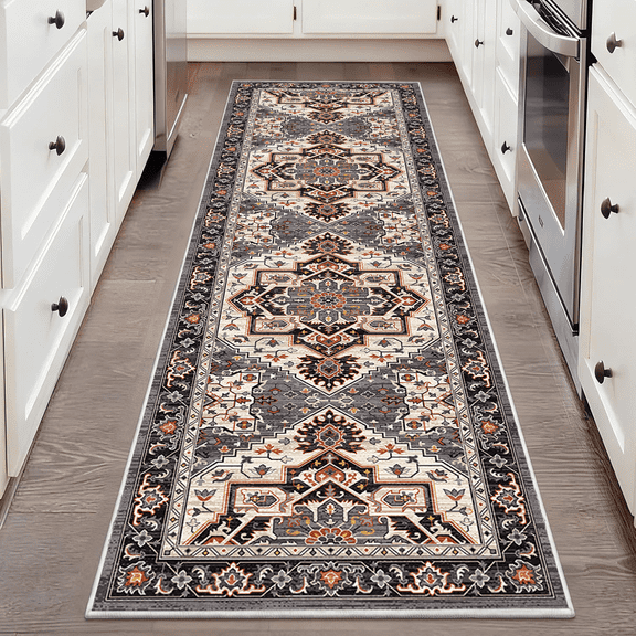 TECHVIDA 2x6 ft Runner Rug,Vintage Runner Rugs for Hallway,Non Slip Entryway Mat with Rubber Backing,Machine Washable,Bedroom,Kitchen and Corridor Entryway Floor Carpet, Brownish Black