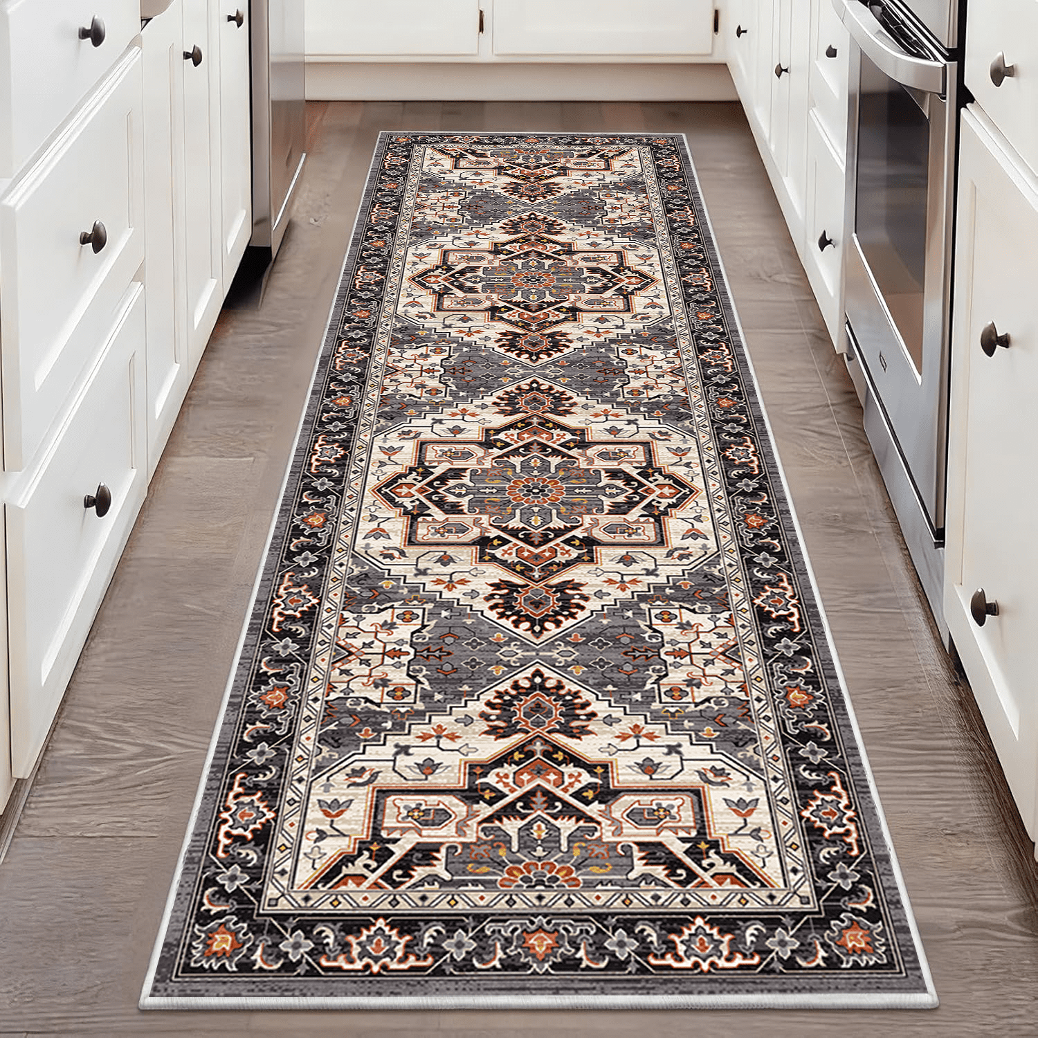 TECHVIDA 2'x6' Hallway Runner Rug Boho,Non Slip Machine Washable Rugs for Hallway Kitchen,Brownish Black