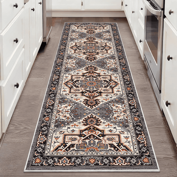 TECHVIDA 2x6 ft Runner Rug,Vintage Runner Rugs for Hallway,Non Slip Entryway Mat with Rubber Backing, Machine Washable, Bedroom, Kitchen and Corridor Entryway Floor Carpet, Brownish Black