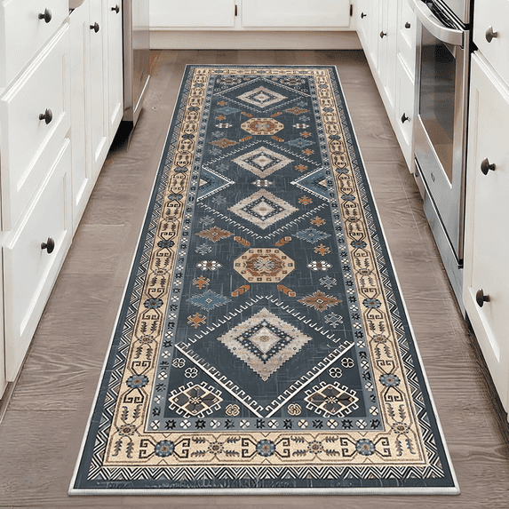 TECHVIDA 2x6 ft Runner Rug,Vintage Runner Rugs for Hallway,Non Slip Entryway Mat with Rubber Backing, Machine Washable, Bedroom, Kitchen and Corridor Entryway Floor Carpet, Dark Blue