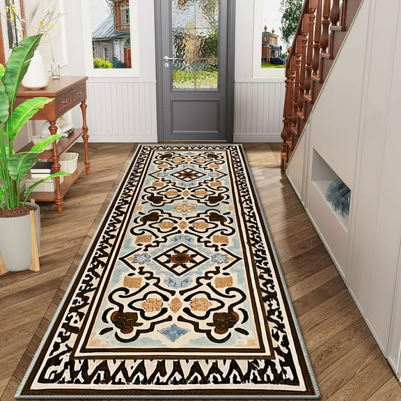TECHVIDA 2'x6' Hallway Runner Rug Boho,Non Slip Machine Washable Rugs for Hallway Kitchen,Dark Brown